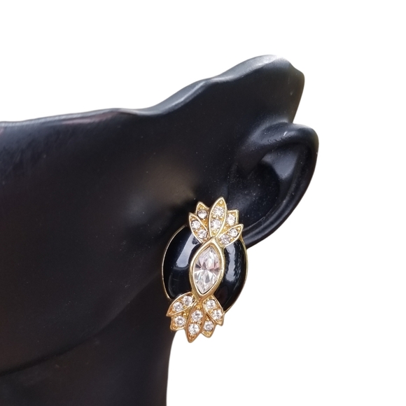 TRIFARI 90s GOLDTONE, BLACK ENAMEL & CRYSTAL ART DECO REVIVAL STYLE EARRINGS - Picture 1 of 6
